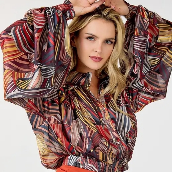 Women's Long Balloon Sleeve Button Up Multi Print Cropped Blouse Top - Picture 5 of 5